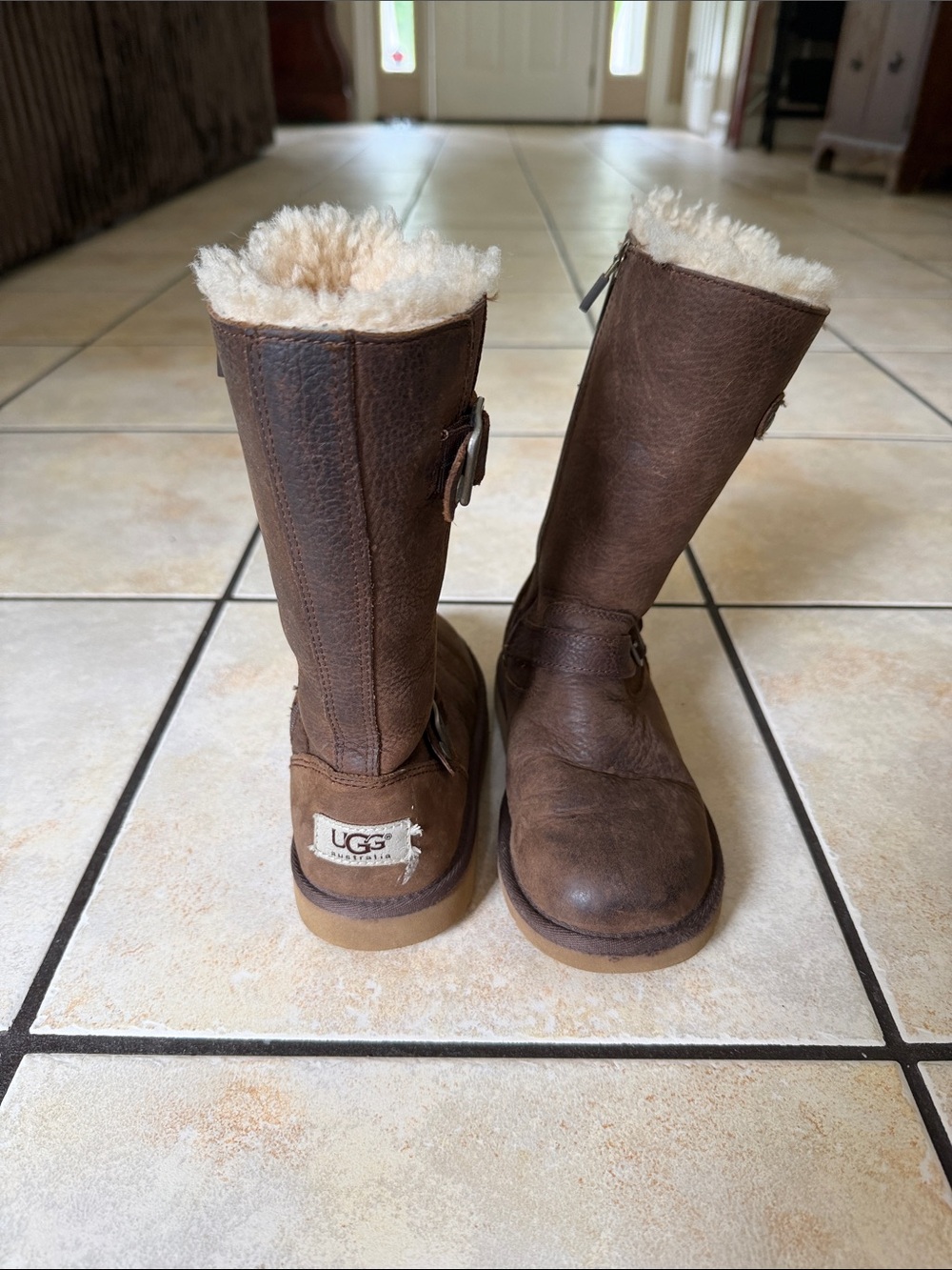 UGG Kids Brown Leather Shearling-Lined Tall Boots
